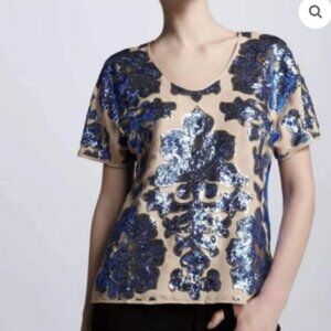 Tracy Reese Target Neiman Marcus Beige Blue Sequin Shirt Top XS Shiny Glam Party
